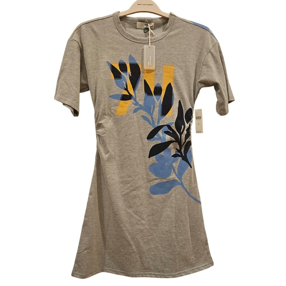 Daily Practice by Anthropologie Grey Botanical Ruched Mini T-Shirt Dress XS NEW